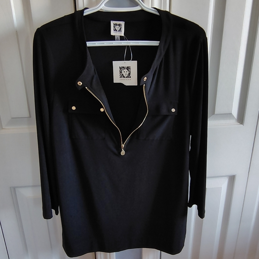 Anne Klein Black Knit Gold Zip Top Blouse M - Picture 9 of 9